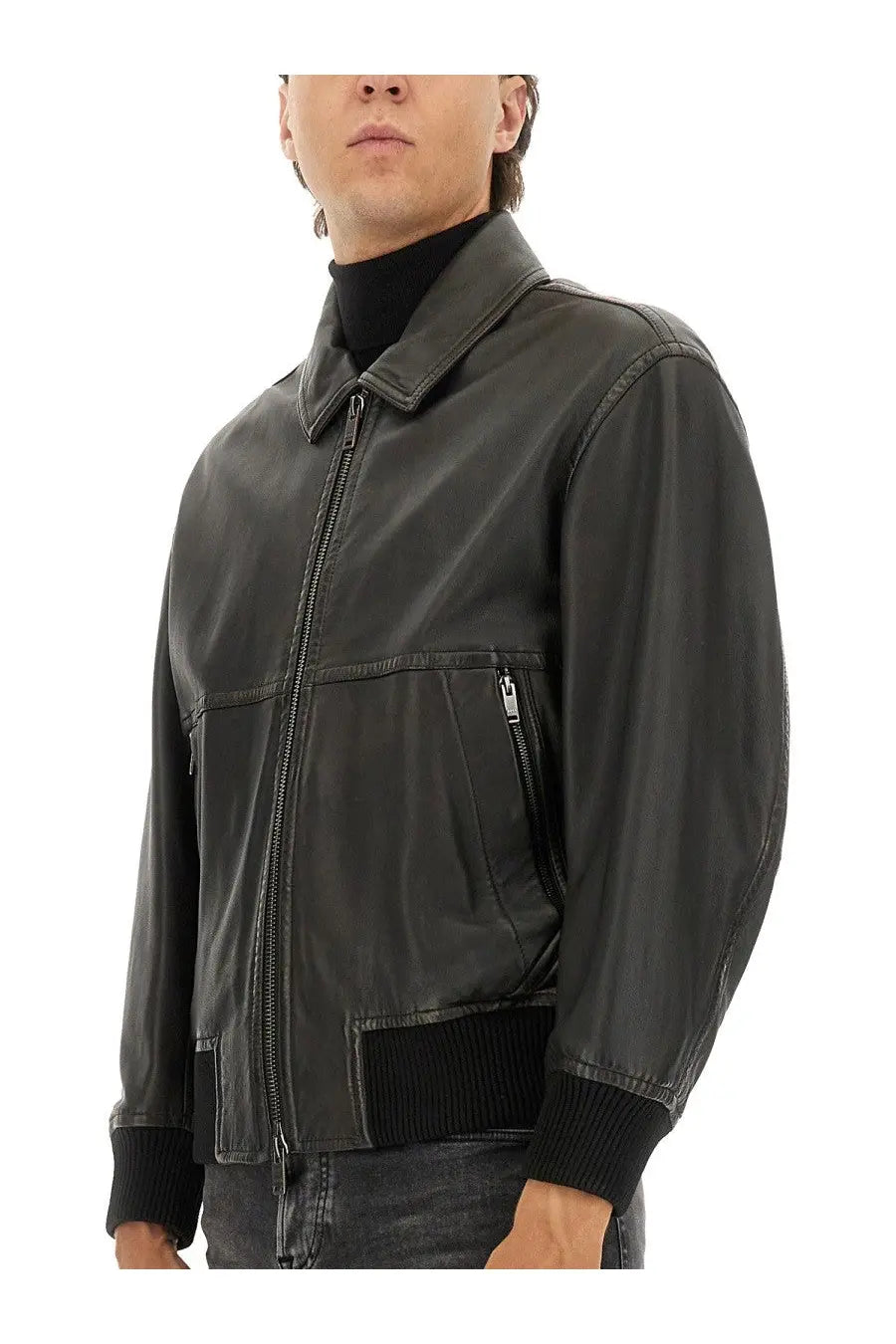 B boss men’s brown leather bomber jacket with dark gray leather and ribbed black cuffs and waistband