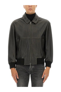 Boss men’s leather bomber jacket in dark gray with black ribbed cuffs and waistband