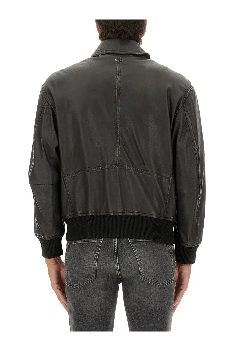 BOSS men’s dark gray leather bomber jacket with black ribbed cuffs and waistband featuring subtle logo at collar