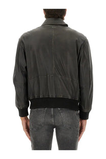 BOSS men’s dark gray leather bomber jacket with black ribbed cuffs and waistband featuring subtle logo at collar