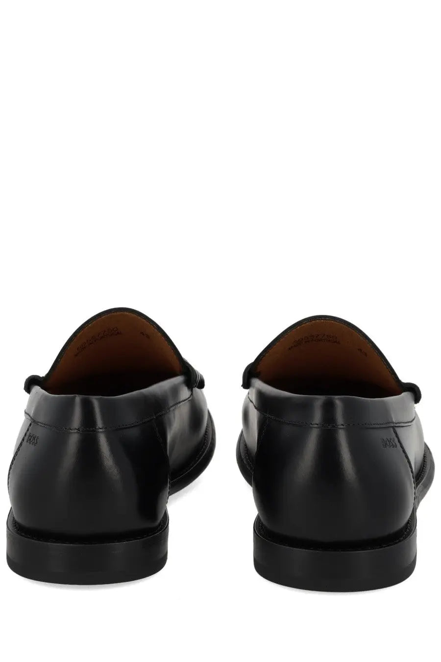 BOSS men’s black leather loafer with polished finish and contrasting brown lining for stylish comfort