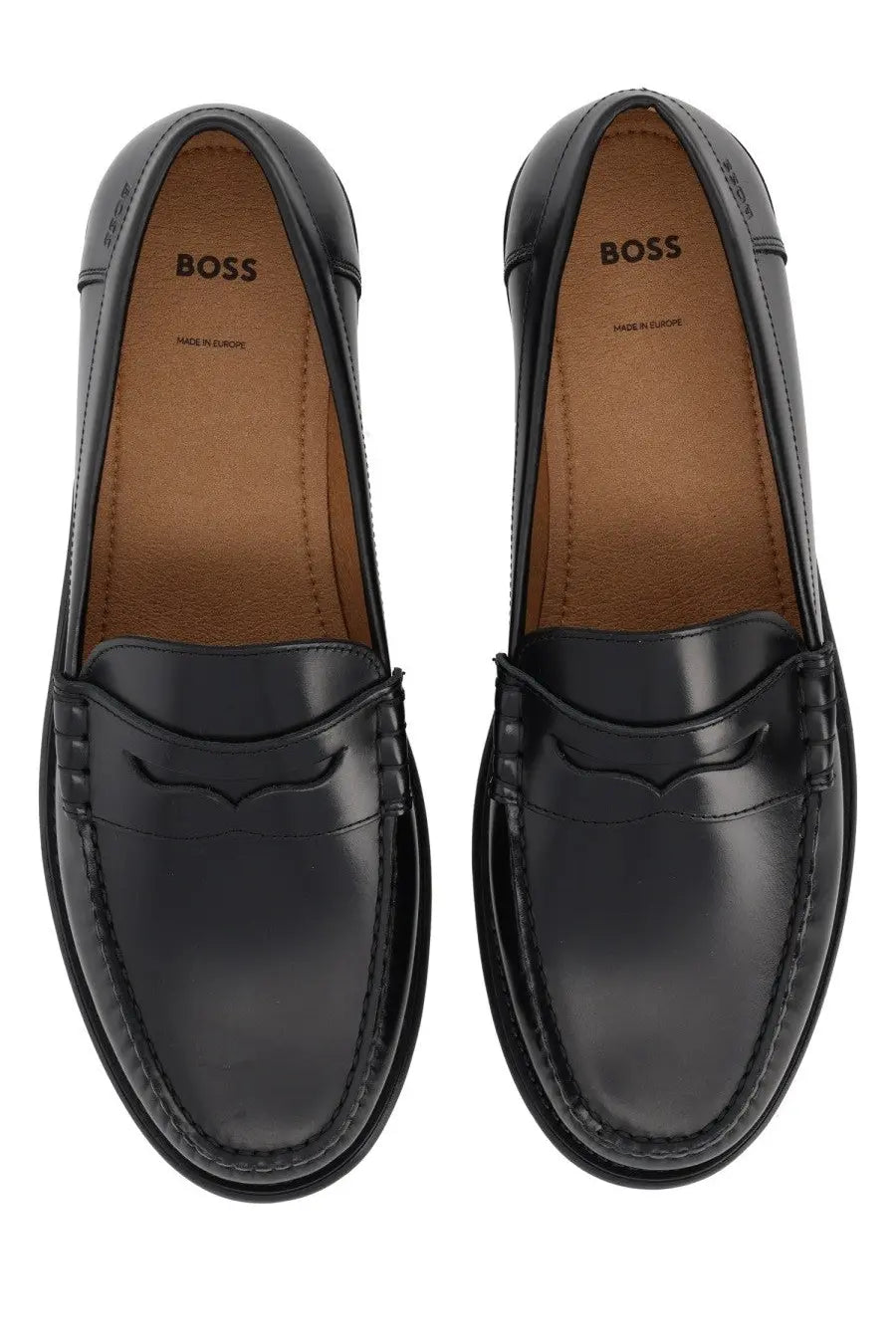 Boss men’s leather loafer black in patent leather with polished finish and classic penny loafer design