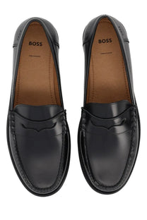 Boss men’s leather loafer black in patent leather with polished finish and classic penny loafer design