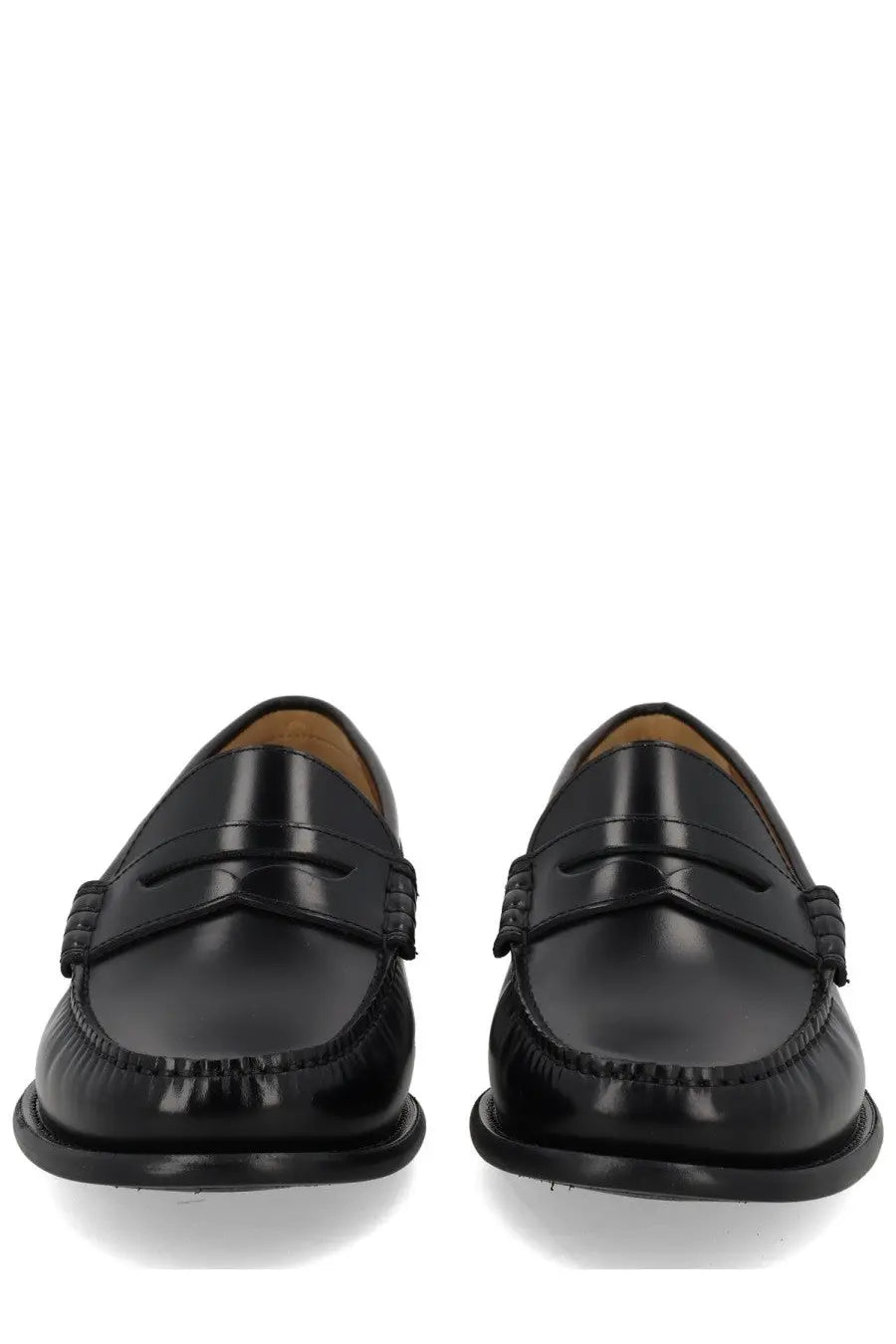 BOSS men’s black leather penny loafers with glossy patent finish and braided side detailing