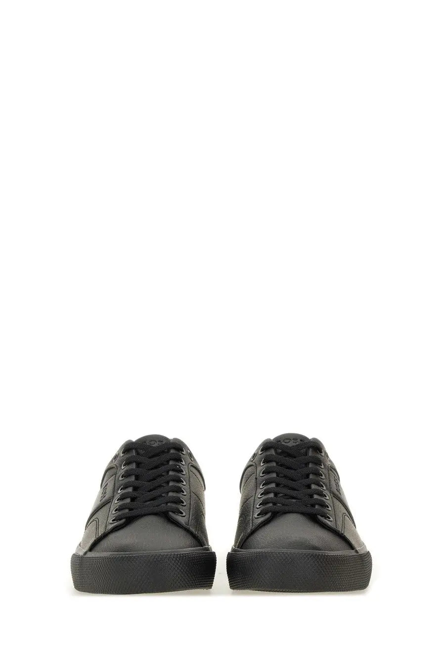 BOSS men’s black leather low-top sneakers with a sleek minimalist design and matching laces