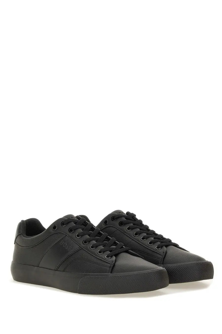 Boss men’s leather sneaker black low-top with sleek minimalist design and matching black leather laces