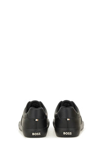 Black leather boss men’s sneaker with sleek minimalist design and subtle gold-tone branding on the heel back side