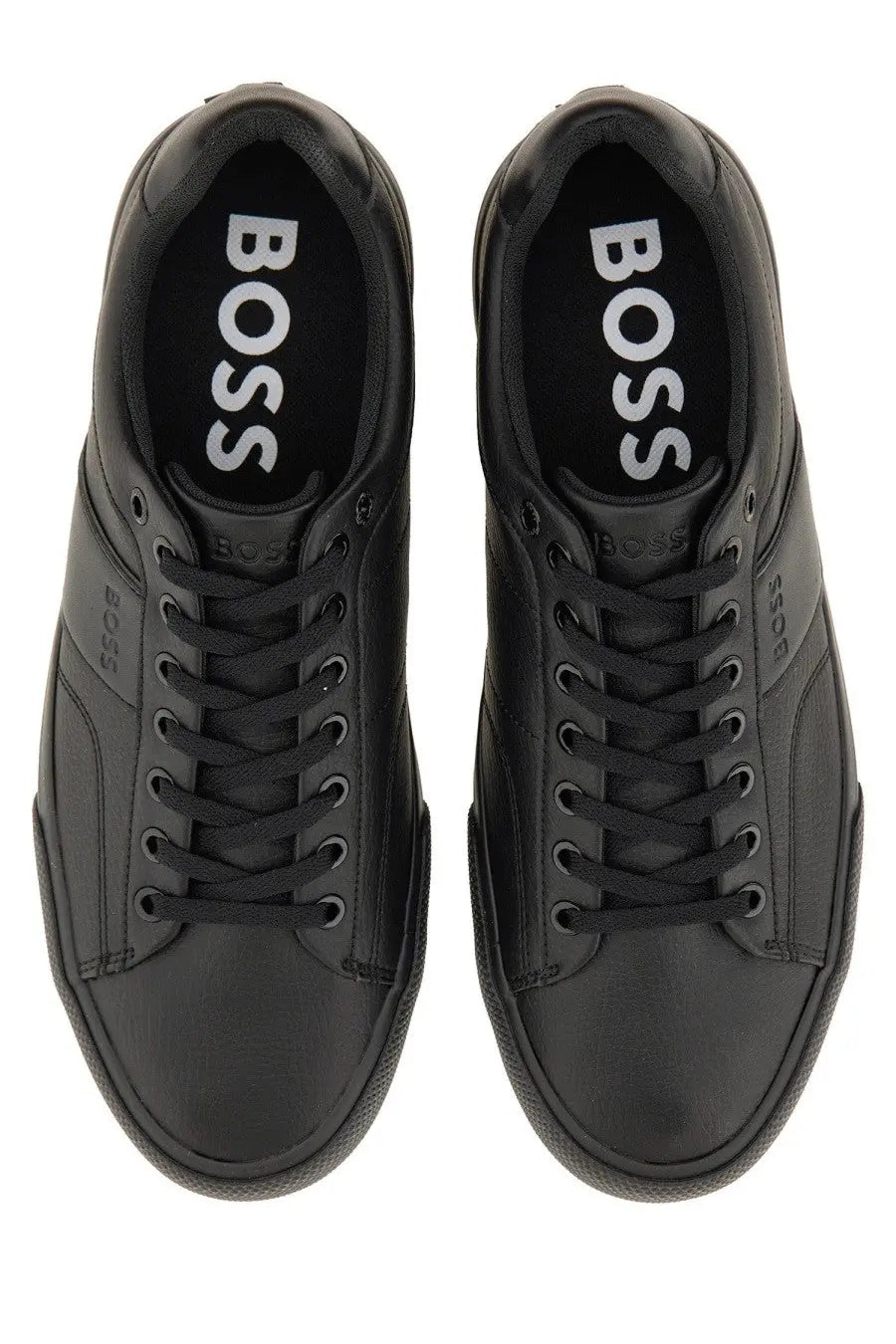 BOSS men’s black leather sneakers with sleek minimalist design and subtle branding on the sides