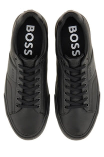 BOSS men’s black leather sneakers with sleek minimalist design and subtle branding on the sides