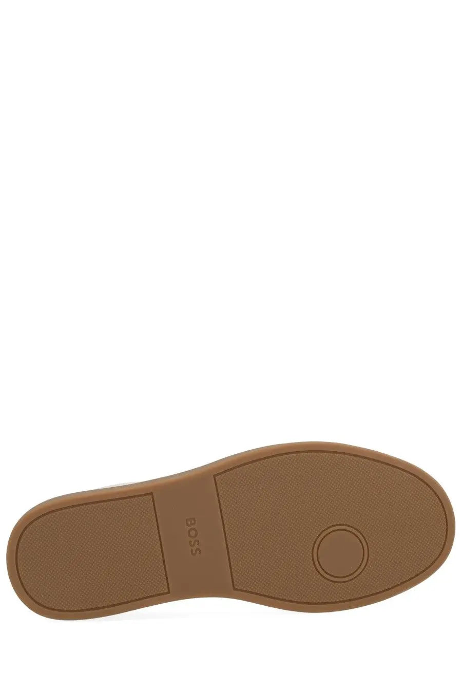 Back view of boss men s white leather sneaker showing brown rubber sole with embossed boss branding on heel