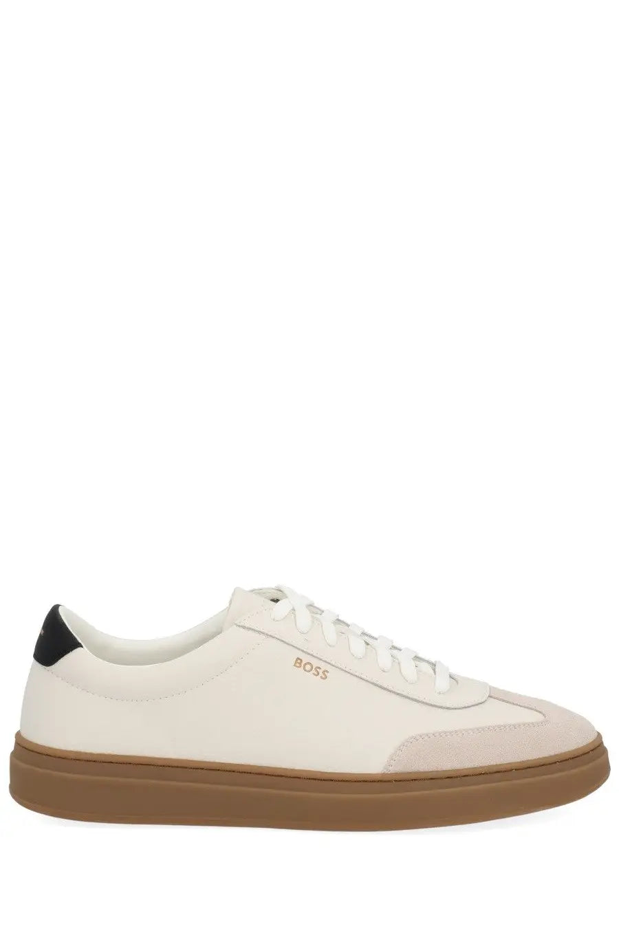 Boss men’s leather sneaker white cream leather with black heel tab tan rubber sole and gold logo on side