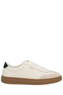 Boss men’s leather sneaker white cream leather with black heel tab tan rubber sole and gold logo on side