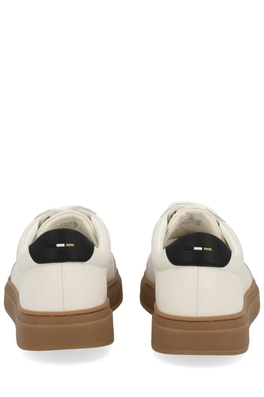 Cream-colored leather boss men’s sneaker white with tan rubber sole and black heel tab featuring tommy hilfiger logo