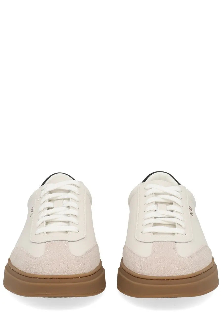 BOSS men’s leather sneaker white featuring cream-colored suede and canvas low-top design with tan rubber sole