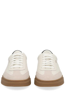 BOSS men’s leather sneaker white featuring cream-colored suede and canvas low-top design with tan rubber sole
