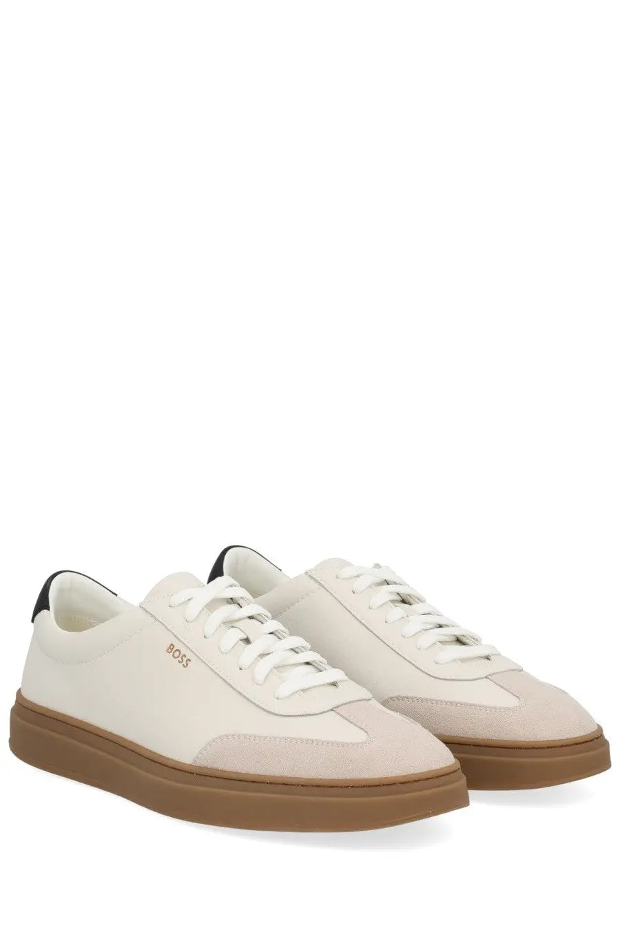 BOSS men’s leather sneaker white in cream suede and leather low top with tan rubber sole and boss logo on the side