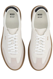 Boss men’s leather sneaker in white with leather and suede upper and tan rubber soles for casual wear
