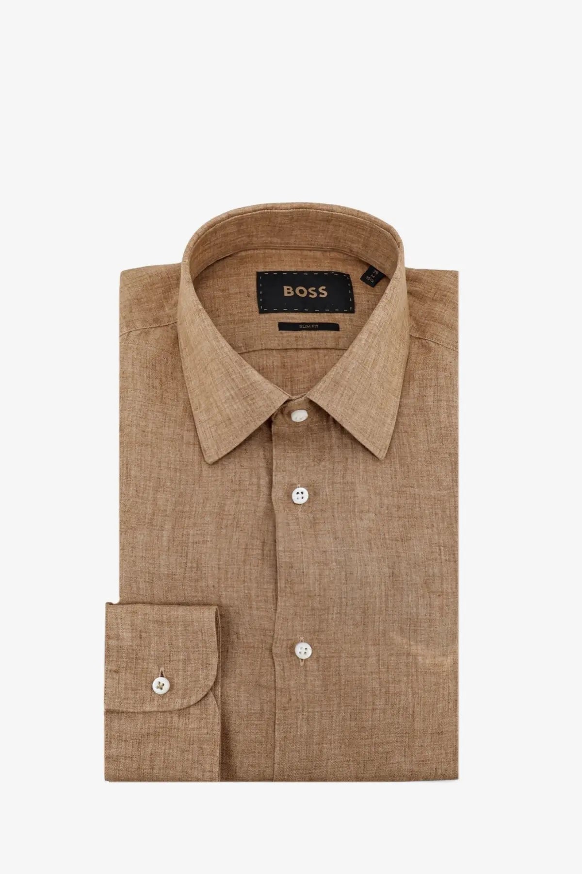 BOSS men’s beige linen button-down shirt with classic collar white buttons and branded label