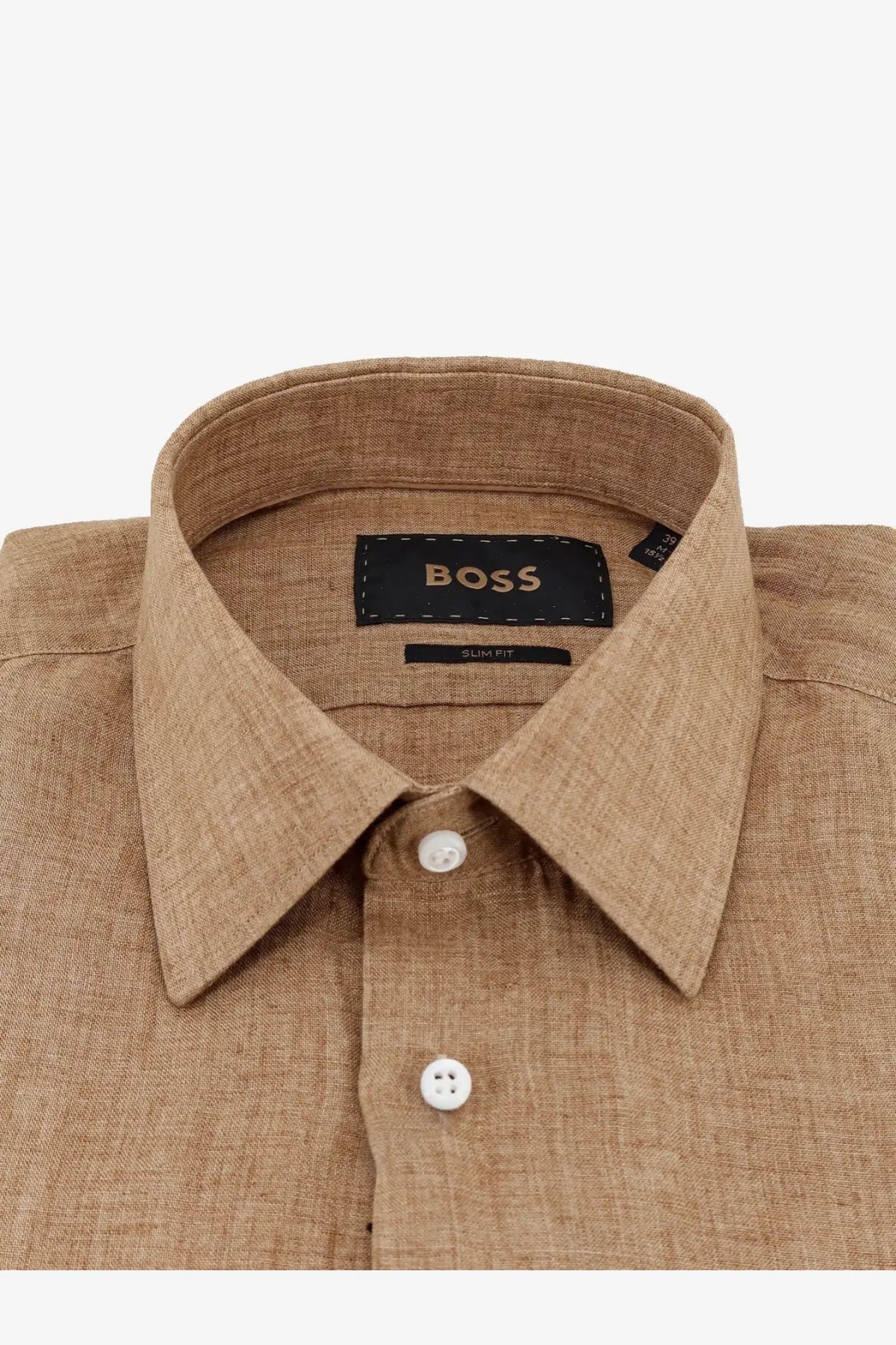 BOSS men’s beige linen shirt with classic collar and white buttons featuring the boss brand label