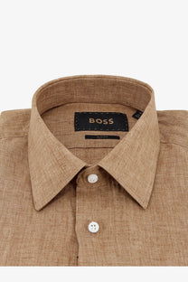 BOSS men’s beige linen shirt with classic collar and white buttons featuring the boss brand label