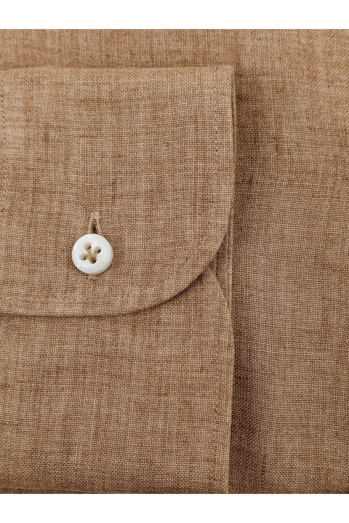 BOSS men’s beige linen shirt pocket with white button showcasing breathable fabric and classic design details