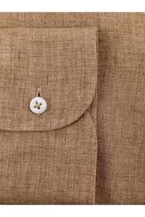 BOSS men’s beige linen shirt pocket with white button showcasing breathable fabric and classic design details