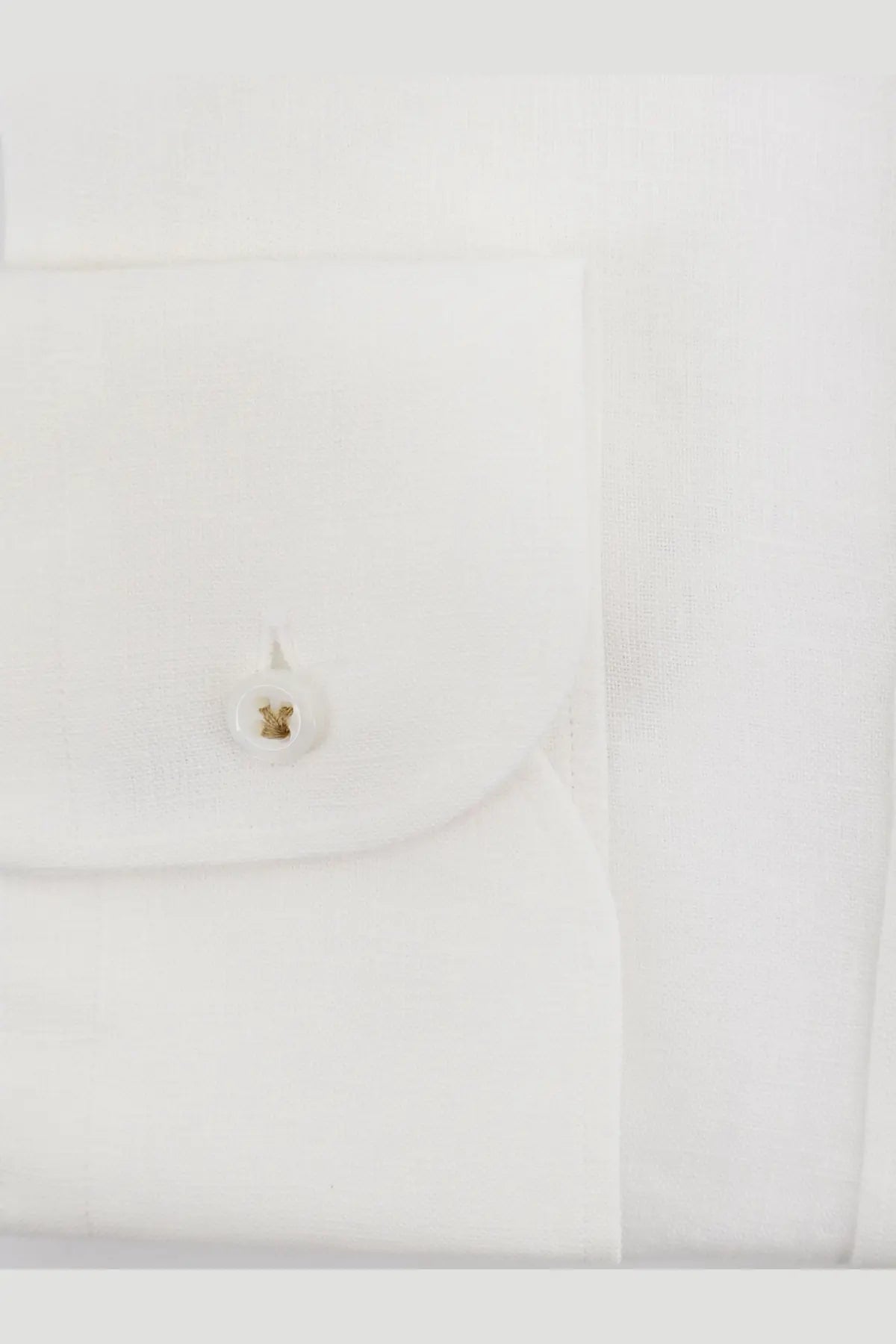 White buttonhole with gold circular stud embossed design on boss men’s white linen shirt front side