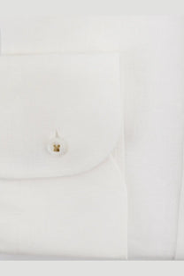 White buttonhole with gold circular stud embossed design on boss men’s white linen shirt front side