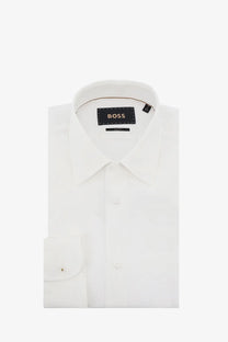 BOSS men’s white linen dress shirt with crisp collar buttoned cuffs and branded label for formal wear