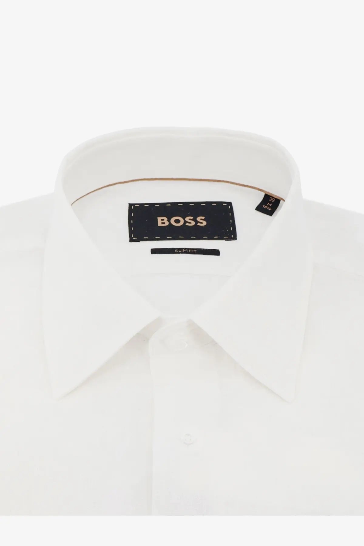 Boss men’s white slim fit linen dress shirt with crisp collar and subtle stitching details