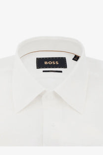 Boss men’s white slim fit linen dress shirt with crisp collar and subtle stitching details