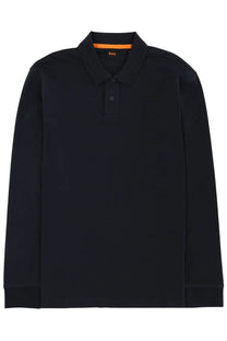 Boss men’s long sleeved black polo shirt with orange inner collar and subtle embroidered chest logo