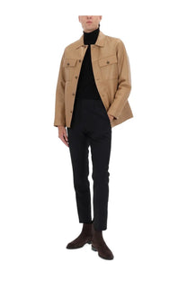 BOSS men’s Malid jacket beige tan leather jacket with flap pockets and button closures front view