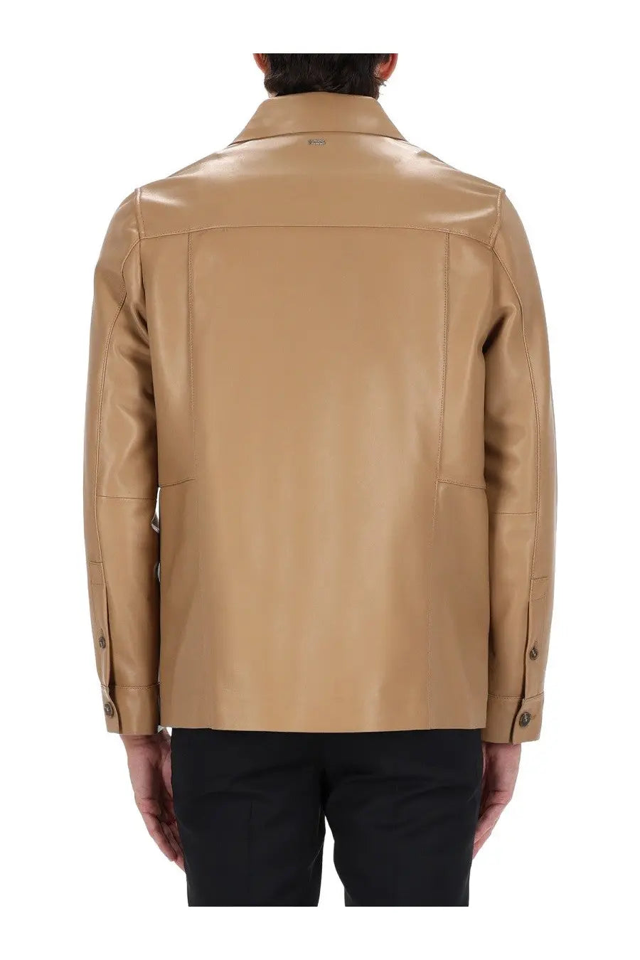 Boss men’s Malid jacket beige tan leather with sleek minimalist design and subtle stitching details front view