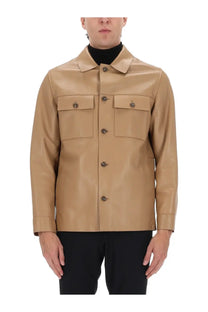 BOSS men’s Malid tan leather jacket with two front flap pockets and dark metal buttons in beige color