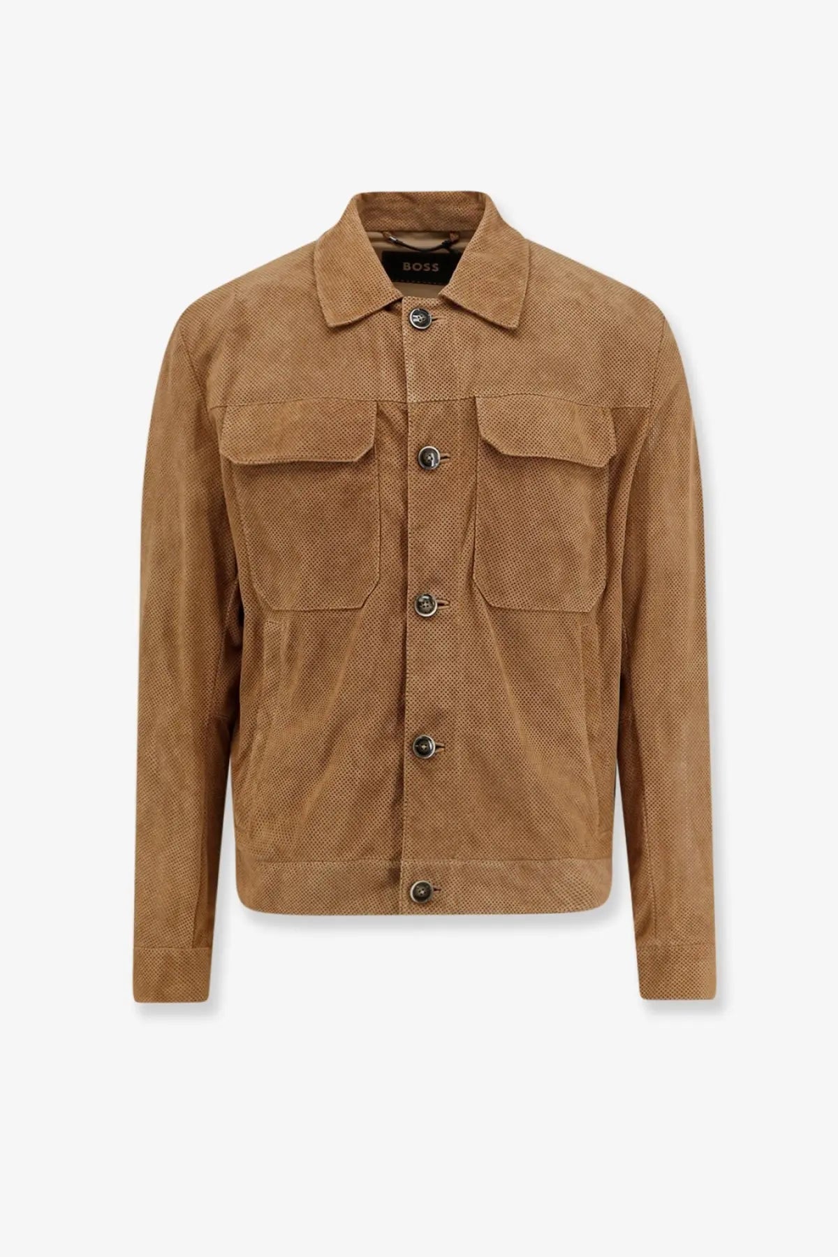Boss men’s merfo perforated suede jacket beige tan corduroy with classic collar two front pockets and dark metal buttons