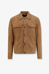 Boss men’s merfo perforated suede jacket beige tan corduroy with classic collar two front pockets and dark metal buttons