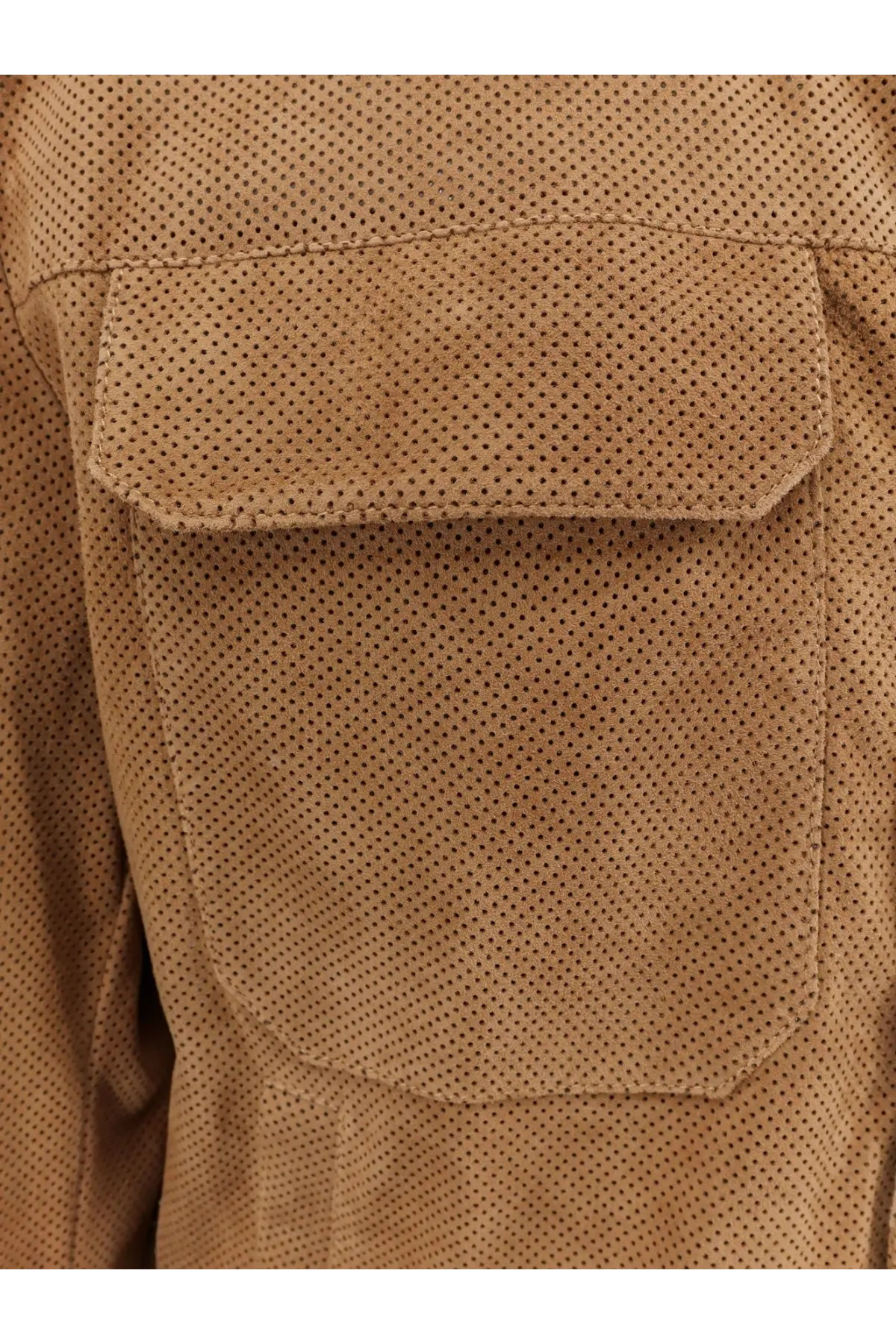 BOSS men’s merfo perforated suede jacket beige with tan suede and subtle perforated texture with single flap pocket