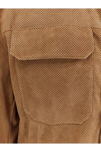 BOSS men’s merfo perforated suede jacket beige with tan suede and subtle perforated texture with single flap pocket
