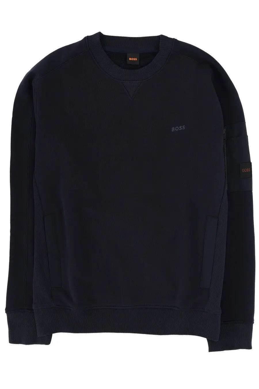 BOSS men’s we mixed sweatshirt in dark navy blue with ribbed cuffs and hem featuring subtle embroidered branding