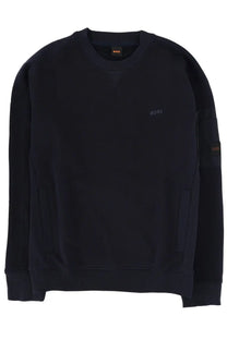 BOSS men’s we mixed sweatshirt in dark navy blue with ribbed cuffs and hem featuring subtle embroidered branding