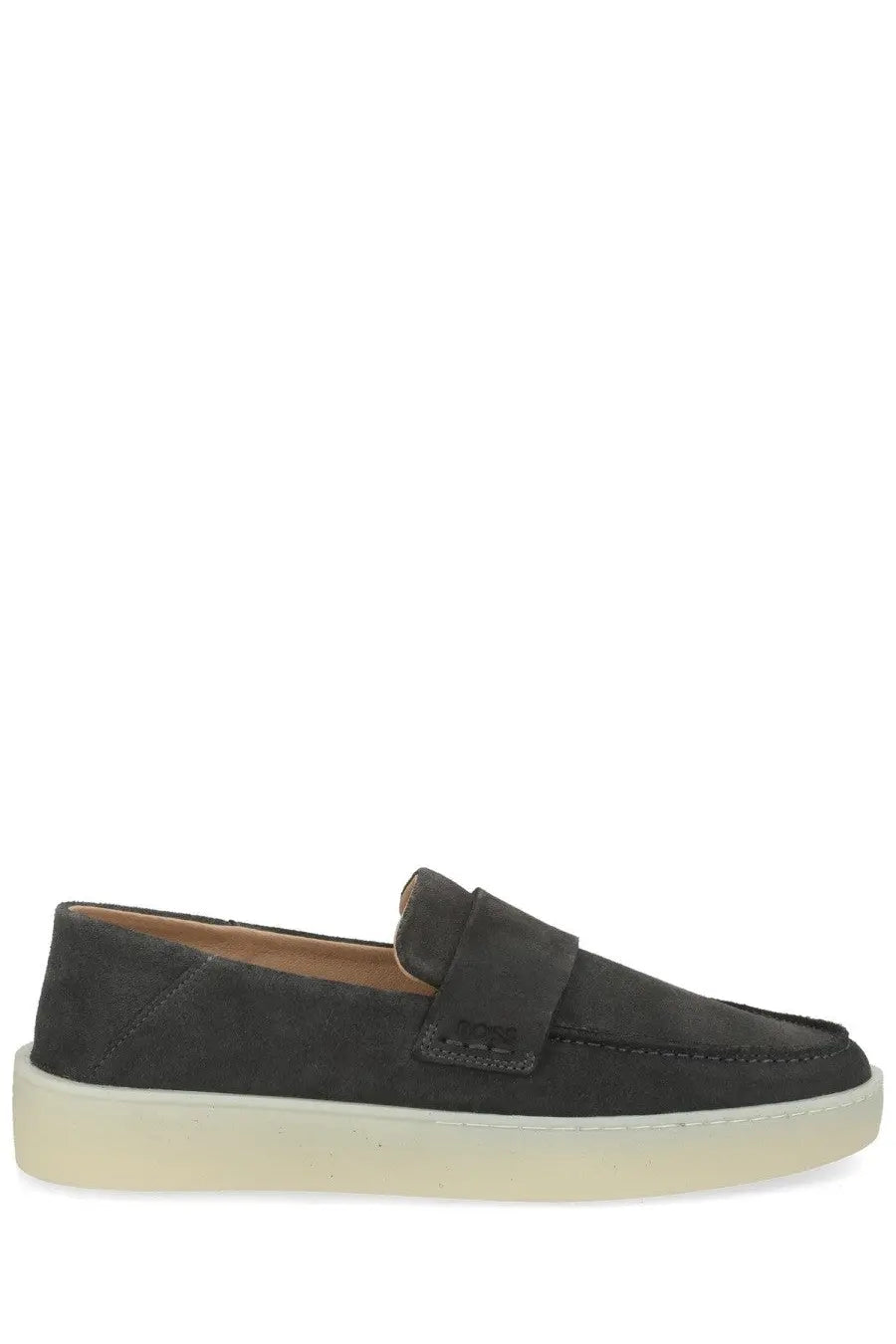 Boss men’s mocassino kieran grey dark gray suede loafer with contrasting cream rubber sole
