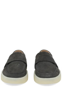 BOSS men’s mocassino kieran grey dark gray suede loafers with matte finish and translucent off-white rubber soles