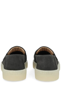BOSS men’s mocassino kieran grey dark gray suede slip-on sneakers with cream rubber sole and black interior lining
