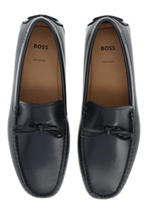 BOSS men’s moccasin black leather loafers with polished finish and decorative bow at the front