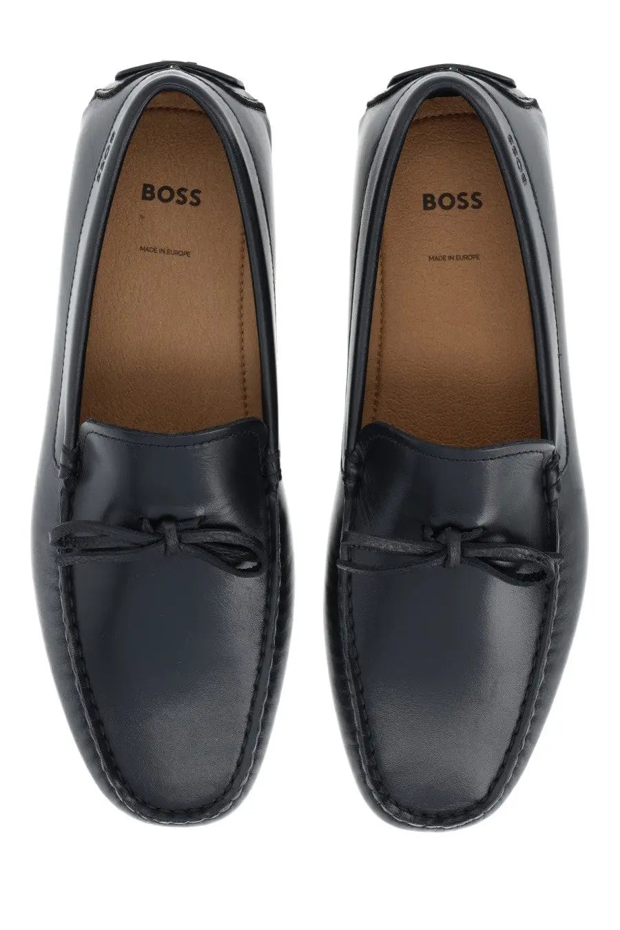 BOSS men’s moccasin black leather loafers with polished finish and decorative bow at the front