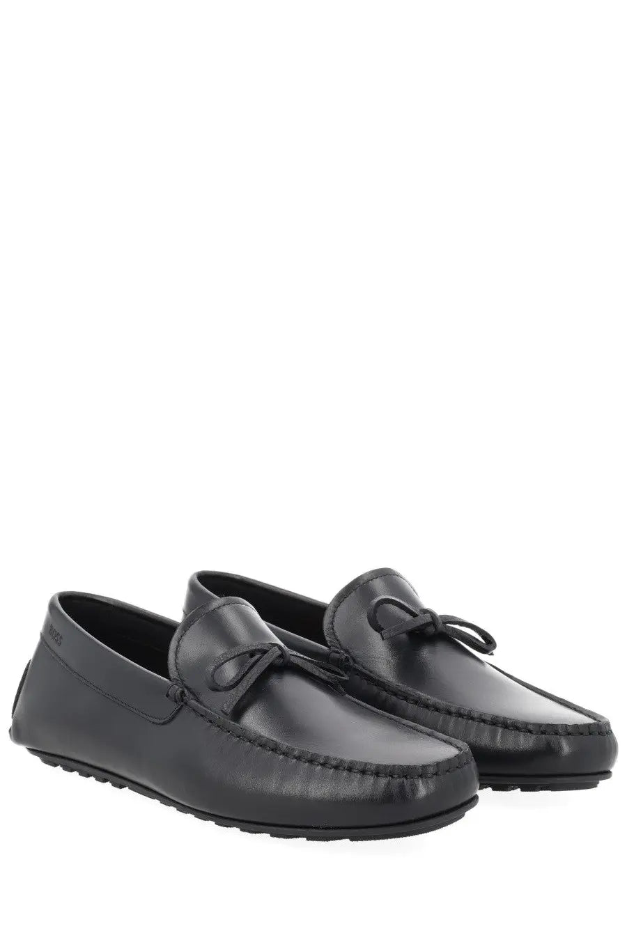 BOSS men’s moccasin black leather loafers with a sleek polished finish and subtle bow detail at the front