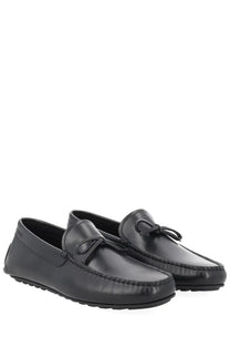 BOSS men’s moccasin black leather loafers with a sleek polished finish and subtle bow detail at the front
