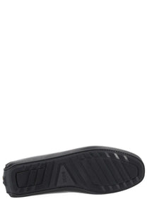 Black rubber sole with textured tread pattern and embossed logo on boss men’s moccasin black