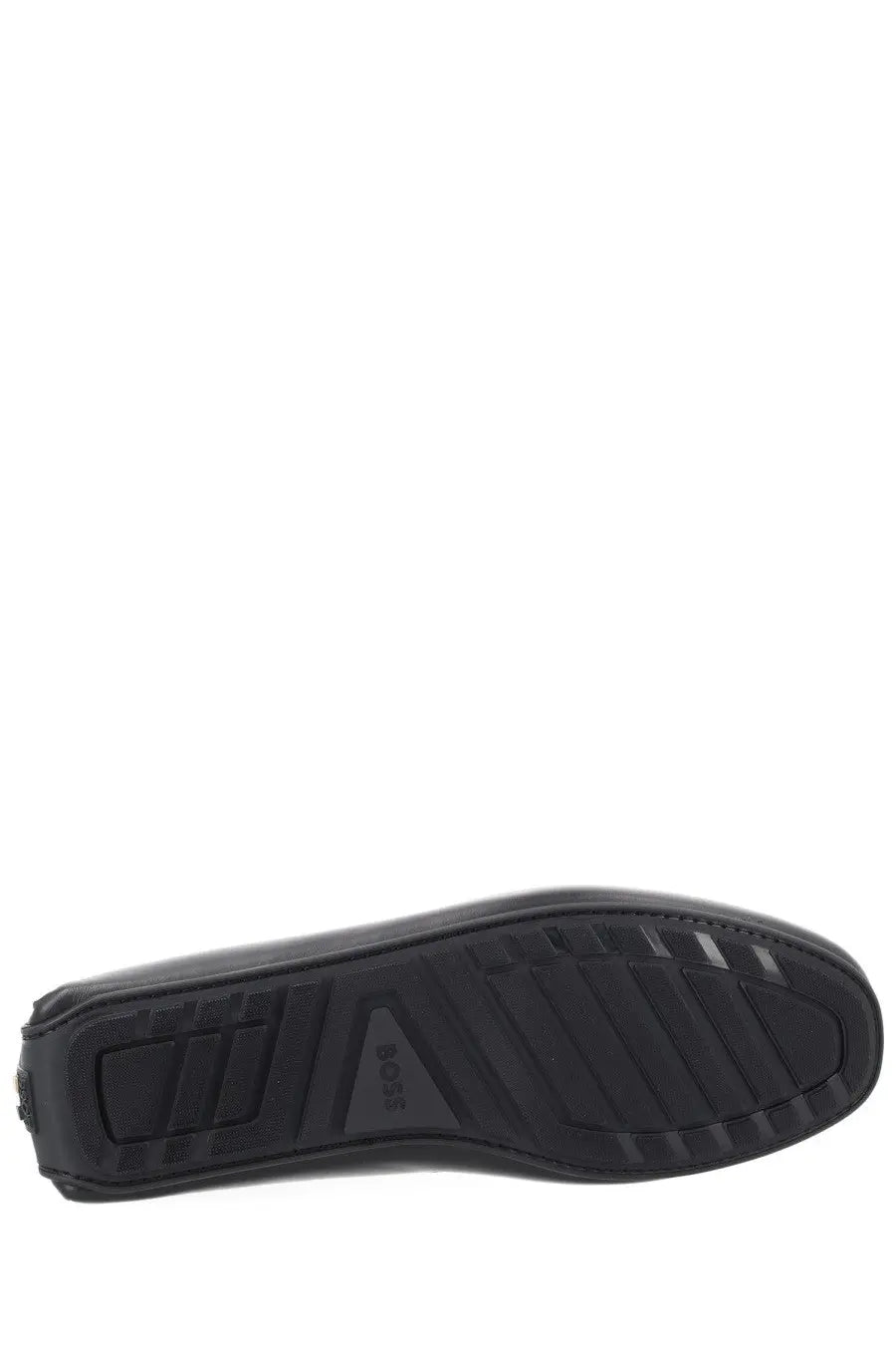 Black rubber sole with textured tread pattern and embossed logo on the underside of boss men’s moccasin black
